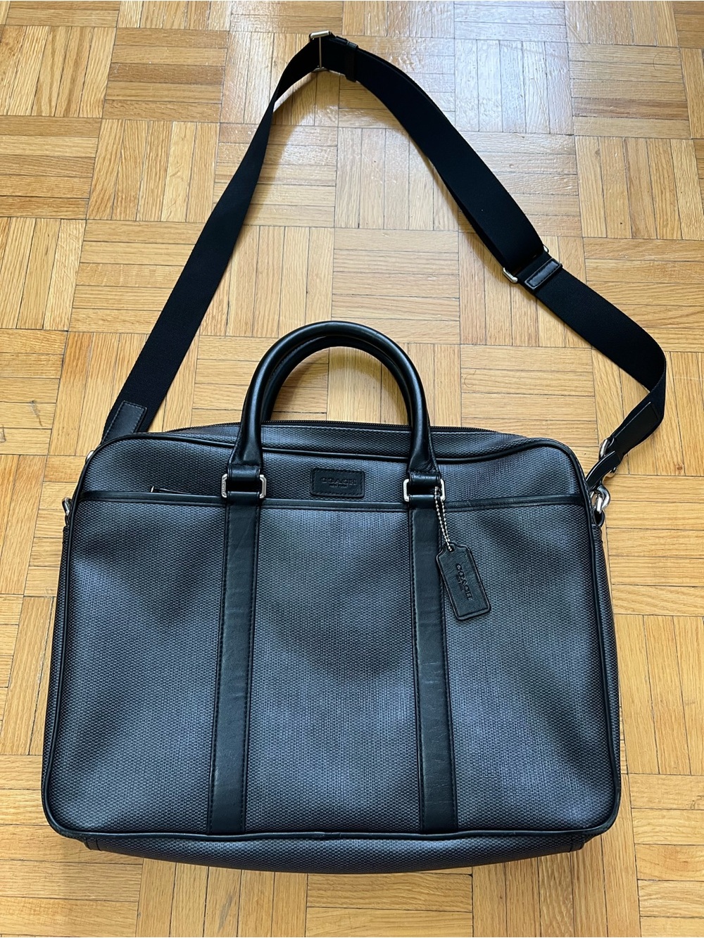 Coach Black Leather Laptop Briefcase with Adjustable Shoulder Strap